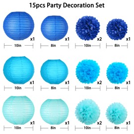 KAXIXI Hanging Party pom pom Set, 15pcs Blue Paper Flowers Pom Poms Balls and Paper Lanterns for Wedding Birthday Bridal Baby Shower Graduation, LanternPomPom009