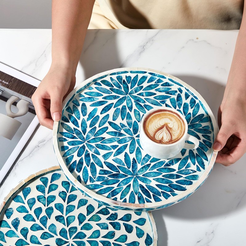 Chunful 10.4 Inch Mother of Pearl Round Serving Tray Wood