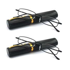 EYE ZOOM 2 Pack Ultra Slim Compact Lightweight Tube Reading Glasses with Portable Clip Aluminum Case, Black Strength +2.75