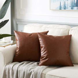 Fancy Homi Faux Leather Boho Decorative Throw Pillow Covers, Thick Modern Solid Square Cushion Case Set for Couch Sofa Bedroom Car Living Room (18x18 Inch/45x45 cm, Cognac Brown)