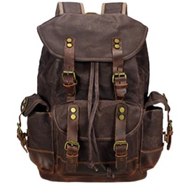 HuaChen Vintage Canvas & Leather Backpack: Spacious Durable Rucksack for Men & Women, Travel, Hiking (M86_Coffee)