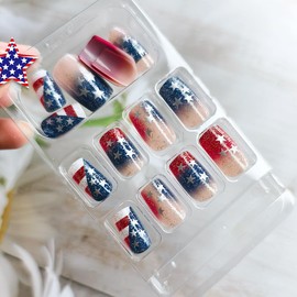 24Pcs Independence Day Press on Nails Short Square 4th of July Fake Nails with Glitters American Flag Patriotic False Nails Glue on Nails Full Cover USA Flag Nail Art Decor Stick on Nails for Women