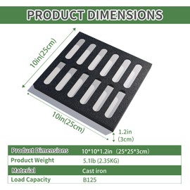 Cast Iron Drain Grate, 10 * 10in Heavy Duty Outdoor Drain Cover, B125 Class Channel Grate, Metal Sewer Grate, Black Square Drainage Grate for Concrete Floor, Yard, Driveway & Garage.