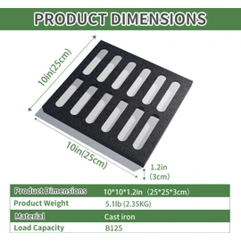 10x10 Cast Iron Drain Grate,B125 Square Outdoor Metal Grate for Storm Drain | Cast Iron Grate for Drainage, Heavy Duty Sewer Grate, Metal Drain Cover for Driveway, Concrete Floor, Sewer, Yards,Garages.