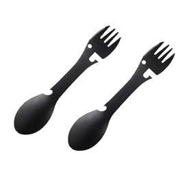 2Pack Multi-Function Fork Spoon,5-in-1 Multifunctional Utility Tactical Spork Combo, Fork, Knife, Can Opener & Bottle Opener, Multi Flatware for Camping, Hiking(Black)