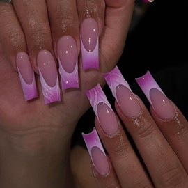 Press on Nails Long Square French Tip Fake Nails Three-Dimensional Water Droplet False Nails with Designs Full Cover Pink White Obrem Nail Tip Glossy Glue on Nails Acrylic Nails for Women Girls 24Pcs