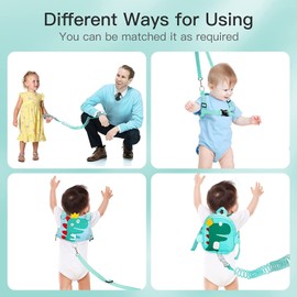 Funsland Baby Safety Harnesses, 4 in 1 Baby Walking Harness, 360°Rotate Anti Lost Wrist Link Belt, Dinosaur Toddler Backpack with Reins, Safety Leash for Kids Walking and Travel Outside, Pink