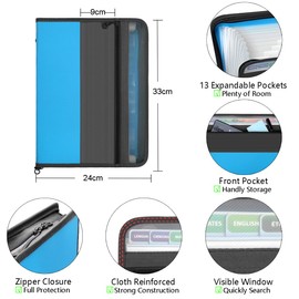 Pack of 2 TRANBO 13 Pockets Expanding File Folder with Zipper Closure, A4 Plastic Document Wallet Paperwork Organiser with Handy Front Pocket for Personal Office Stationary Storage (Blue)
