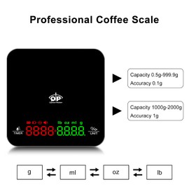 QP Coffee Scale with Timer, 2kg/0.1g Accuracy Rechargeable Espresso Scale, 3 Selectable Modes Scale for Coffee, Mini Coffee Scale, Units g/ml/oz/lb, Capacitive Touch Control, Tempered Glass Surface