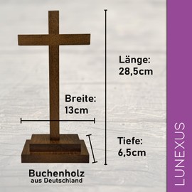 Lunexus Holzkreuz stehend 28,5 cm Buchenholz - gesegnet - Handarbeit Kreuz Holz Stehkreuz Hausaltar Kreuz Deko Holzkreuz klein Friedenskreuz Legekreuz Holz Kommunion Geschenk religiöse Dekoration