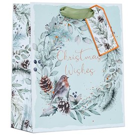 Design By Violet Festive Foliage Snowy Wreath Christmas Wishes Gift Bag Eco Friendly Recyclable with Green Handle and Gift Tag Xmas Gift Wrap Medium