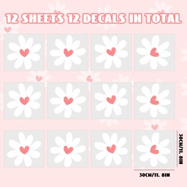 12 Sheets Daisy Wall Decals, Pink Heart Daisy Flowers Wall Stickers, Large Vinyl Peel and Stick for Living Room Bedroom Baby Girls Room Nursery Room Decoration