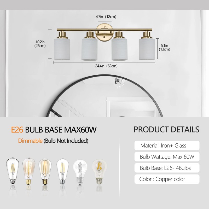 24" Modern 4-Light Vanity Wall Sconce, Golden Finish with Frosted