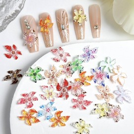FINGCRO 100 Pcs Flower Nail Art Charms 3D Hawaii Flowers Nail Rhinestones Colorful Flower Nail Diamonds Hibiscus Floral Nail Gems Summer Nail Jewelry Tiny Flowers Nail Design for Women Nail Supplies