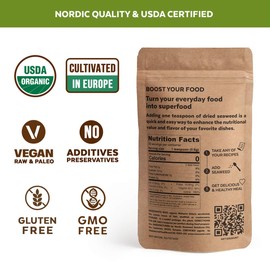 Wakame Seaweed Flakes - Organic Young Baby Seaweed Grown in North Atlantic. USDA Certified and Freeze-Dried Premium Quality. Soft Texture & Mild Taste. 30 Servings/0.64 oz