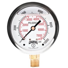 Winters PFQ Series Stainless Steel 304 Dual Scale Liquid Filled Pressure Gauge with Brass Internals, 0-10000 psi/kpa,2-1/2" Dial Display, -1.5% Accuracy, 1/4" NPT Bottom Mount