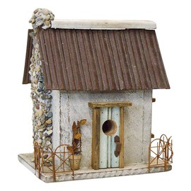 Nature Creations Stone Chimney Bird Cottage, White – Handcrafted Wooden Birdhouse with Rustic Stone Chimney & Metal Roof, Decorative Outdoor Bird House for Wrens & Chickadees, Made in USA