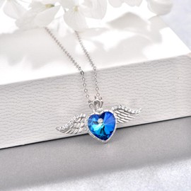TANGPOET Angel Wings Necklace 925 Sterling Silver Love Heart Crystal Chain Queen Crown Pendant Birthstone Jewellery Gift for Women Girls with Gift Box, Sterling Silver