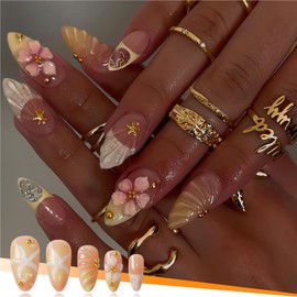 Jremg Flower Press on Nails Medium Almond Fake Nails with Gold Bead Rhinestones Glossy 3D Shell Starfish Stick on Nails Reusable Yellow Gradient French Tip False Nails for Women 24Pcs