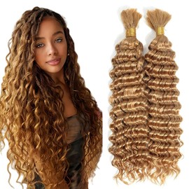 Tuheerst Pre Stretched Braiding Human Hair #27 Honey Blonde Deep wave 50g/Bundle Total 100g Unprocessed No Weft Boho Braids Human Hair Extension Dark Blonde Color 24 24 Inch