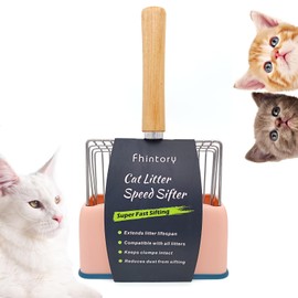 Fhintory Cat Litter Scoop with Container, Metal Cat Litter Scoop with Holder, Cat Litter Scoop with Wooden Handle, Hole Spacing 7 mm, Length 28 cm, Litter Box Scoop, Cat Litter Scoop