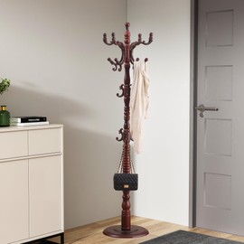 GAMNOF Wood Coat Rack ​Freestanding, Wooden Entryway Tree Coat Rack Stand Coat Hanger Stand, High-grade Hat Tree with 14 Hooks & Stable Disc Base