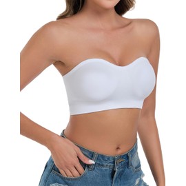 ANGOOL Women's Strapless Bra Without Underwire Push Up Bra Without Straps Fixed Padding Bandeau Top Women's Seamless with Transparent and Primary Coloured Straps, White, L