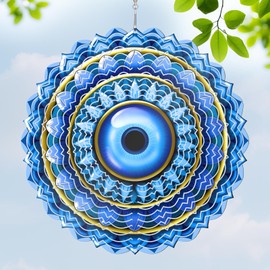 Zzbakress Blue Evil Eye Hanging Wind Spinners Outdoor Metal Evil Eye Decor Mandala 3D Stainless Steel Wind Spinner Protective Amulet for Home Outdoor Garden Yard Decoration (Layered)