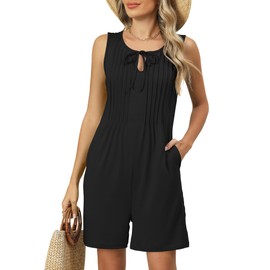 IECCP Black Shorts Womens 2025 Summer Loose Comfy Sleeveless Romper Casual Pleated Knit One Piece Outfits with Pockets(Black L)