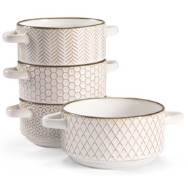 KooK Ceramic Soup Bowls with Handles, Embossed, for French Onion Soup, Pastas, Ramen, Stews, Microwave & Dishwasher Safe, Ivory with Hand-Painted Rim, Set of 4, 24 oz, Narbonne Collection