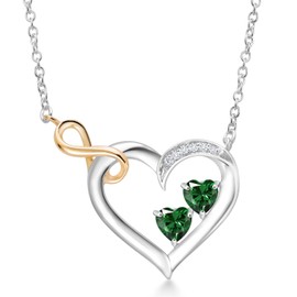 Gem Stone King 925 Sterling Silver and 10K Yellow Gold Green Nano Emerald and White Lab Grown Diamond Infinity Heart Pendant Necklace For Women (0.83 Cttw, Heart Shape 4MM, with 18 Inch Chain)