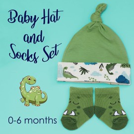 Metzuyan Baby Boys Hat and Socks Set Dino Dinosaur Green Gift Present Idea Size 0-6