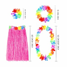 8PCS Hula Skirt Costume Hawaiian Leis Dancer Dress Set with Flower Bikini Top, Hawaiian Lei, Hibiscus Hair Clip, Pineapple for Adults Fancy Dress Supplies Party Summer Beach Tropical Party - Pink