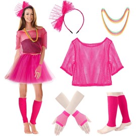 HomeChi Accesorios de Disfraces de los Años 80 para Mujeres, Set de Vestir de Fiesta Incluye Camiseta de Malla, Diadema de Encaje, Collar, Calientapiernas y Guantes de Malla, 5 Piezas