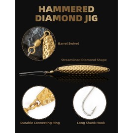 BLUEWING Hammered Diamond Jig 1pc Fishing Jig Saltwater Fishing Lures Deep Sea Sinking Fishing Baits with Stainless Steel Hook, Gold 8oz