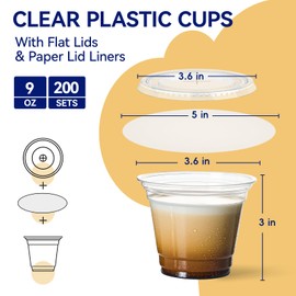 JOLLY CHEF 200 Sets 9 oz Clear Plastic Cups with Flat Lids, and Paper Lid Liners, 9 Ounce Plastic Cups with Flat Lids for Parfait, Snacks, Fruit, Pudding