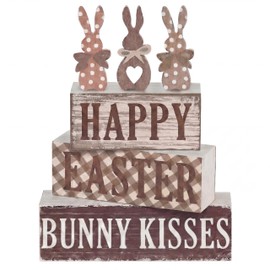 Yousoontic 5 Pcs Easter Wooden Table Decorations Bunny Tiered Tray Decor Rustic Bunny Block Signs Happy Easter Centerpiece for Spring Party Home Office Shelf