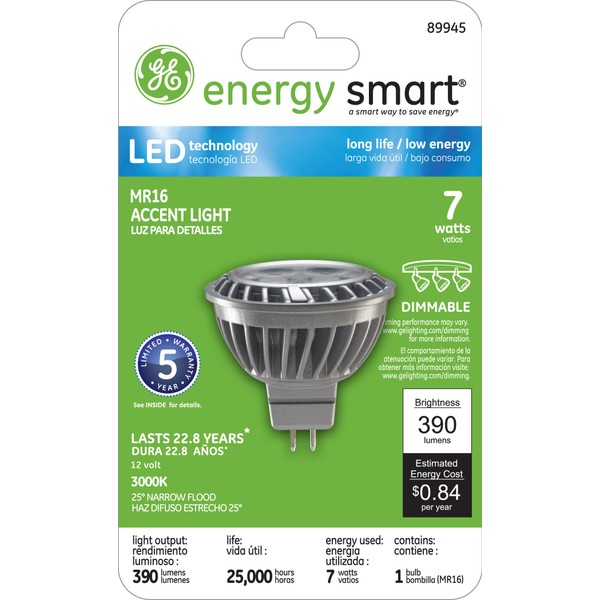 GE Lighting 89945 Energy-Smart LED 7-watt 390-Lumen MR16 Bulb with Medium Base, Warm White, 1-Pack