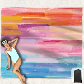 Hiwoss Beach Blanket Waterproof Sandproof Oversized 95”x 80”,Sand Free Beach Mat with Corner Pockets,Portable Mesh Bag for Travel and Outdoor Camping (Dreamsea) (Colorfulstripes)