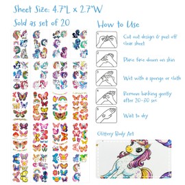 allydrew Waterproof Glitter Temporary Tattoos, Birthday Party Favors and Supplies, Goodie Bag Fillers, 20 Sheets Butterflies and Unicorns