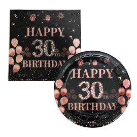 Happy 30th Birthday Plates and Napkins Party Supplies, 16pcs Plates and 20pcs Napkins 30th Birthday Party Tableware Decorations for Women Black and Rose Gold