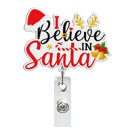 Christmas Retractable Badge Holder,“Believe in Santa”Design Xmas Glitter Badge Reels,Winter Cute Name Tag Acrylic Alligator Clip,ID Badge Holder for Nurse Student Teacher Doctor Office Worker