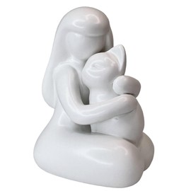 Girl Hugging Cat Figurine/Kitty Love Statue – 5” Tall Ceramic Stoneware Simple Modern Pet Friendship Decor