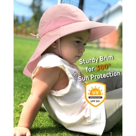 FURTALK Toddler Kids Sun Hat with Neck Flap UPF 50+ UV Protection Wide Rigid Brim Boys Girls Beach Swim Sun Hats, Pink, 5-12 Years