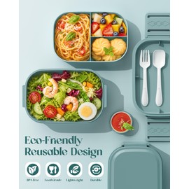 Pure Whimsy Bento Lunch Box, 65 oz 3-Tier Stackable Lunch Container, Adjustable 2/3 Tier Design, BPA-Free Food-Grade Plastic, Leakproof, Microwave & Dishwasher Safe, Green