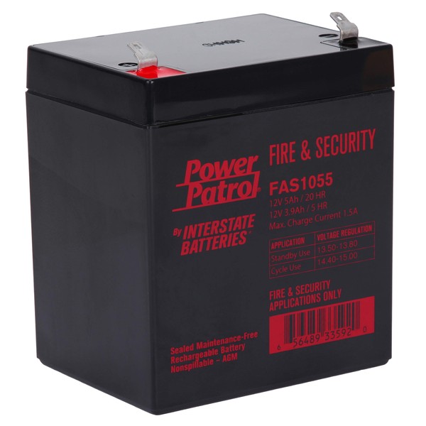 Interstate Batteries Power Patrol 12V 5Ah Fire & Security Battery (FAS1055) Sealed Lead Acid Rechargeable SLA AGM (F1 Terminal) Fire Alarms, Security Systems