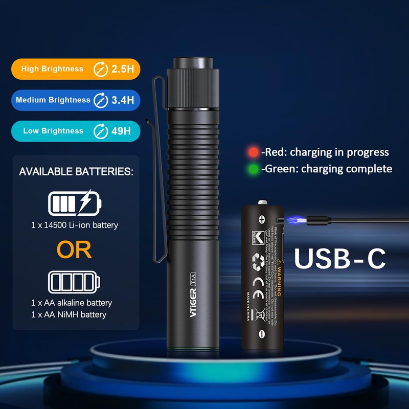 VTIGER T1A Mini Pocket EDC Flashlight with Clip,1300 Lumen Compact