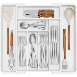 Lifewit Expandable Silverware Drawer Organizer, 22.4 x 16.7 x 2 inches, Adjustable Utensil Cutlery Tray for kitchen, Plastic Flatware Spoon Fork Knives Holder Storage Divider,1 Pack, White
