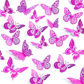 Pink 3D Butterfly Wall Decor - 48 Pcs, 4 Styles, 3 Sizes, Pink Butterfly Decorations for Birthday & Party Celebrations, Removable Stickers
