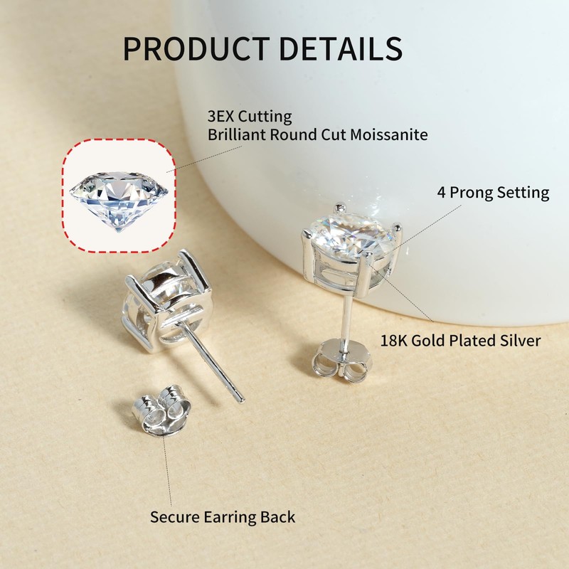 Moissanite Stud Earrings for Women and Men,1ct,D Color,Brilliant Round Cut
